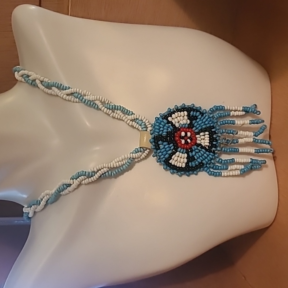 Native American beaded necklace, vintage blue and white.